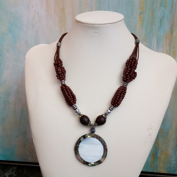 Jewelry - Wooden Bead with Abalone Shell necklace